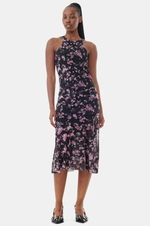 GANNI Ganni Exclusives | Kjoler<Black Floral Printed Mesh Sleeveless Midi-kjole Phantom
