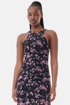 GANNI Ganni Exclusives | Kjoler<Black Floral Printed Mesh Sleeveless Midi-kjole Phantom
