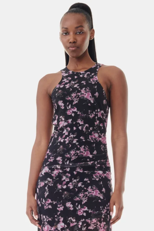 GANNI Ganni Exclusives | Kjoler<Black Floral Printed Mesh Sleeveless Midi-kjole Phantom