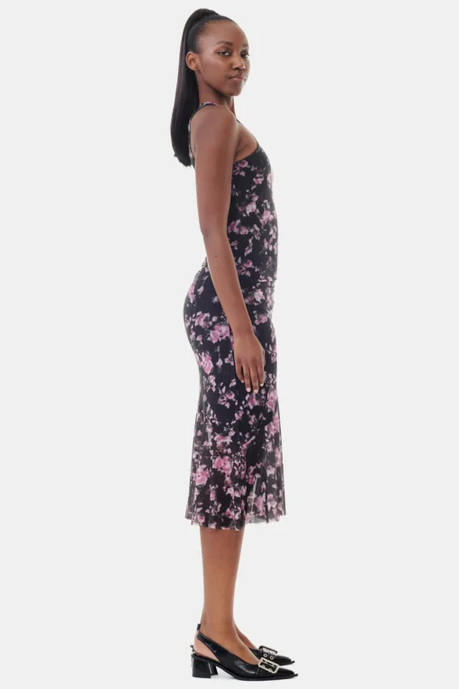 GANNI Ganni Exclusives | Kjoler<Black Floral Printed Mesh Sleeveless Midi-kjole Phantom