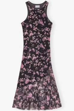 GANNI Ganni Exclusives | Kjoler<Black Floral Printed Mesh Sleeveless Midi-kjole Phantom