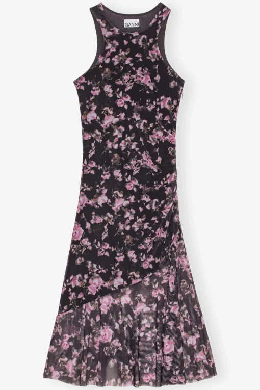 GANNI Ganni Exclusives | Kjoler<Black Floral Printed Mesh Sleeveless Midi-kjole Phantom