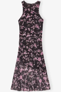 GANNI Ganni Exclusives | Kjoler<Black Floral Printed Mesh Sleeveless Midi-kjole Phantom
