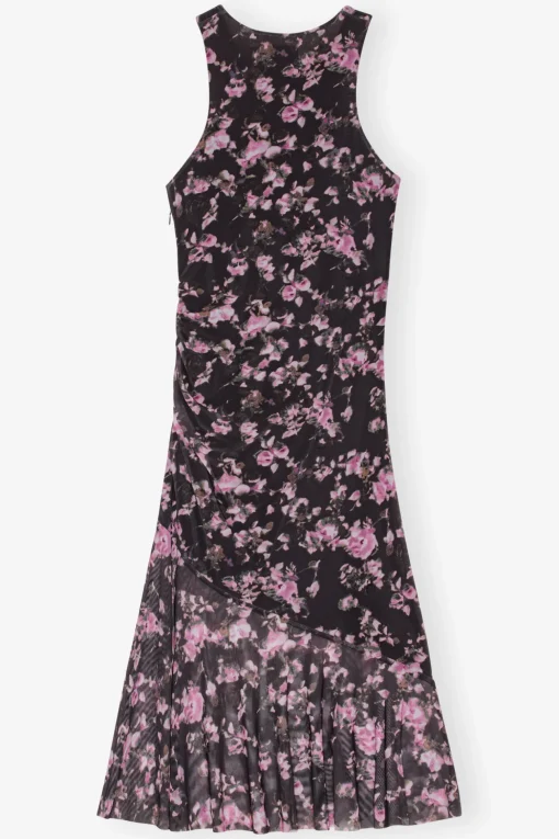 GANNI Ganni Exclusives | Kjoler<Black Floral Printed Mesh Sleeveless Midi-kjole Phantom