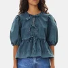 GANNI Ganni Exclusives | Topper<Blue Cotton Poplin Peplum Tie-bluse SkyCaptain