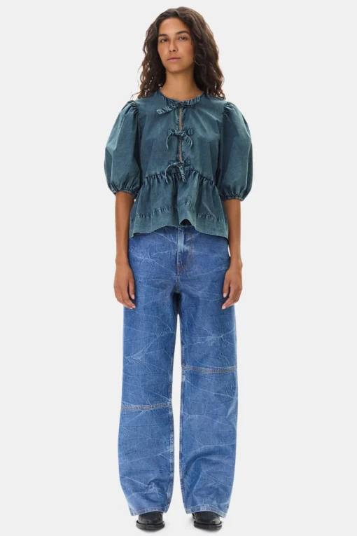 GANNI Ganni Exclusives | Topper<Blue Cotton Poplin Peplum Tie-bluse SkyCaptain