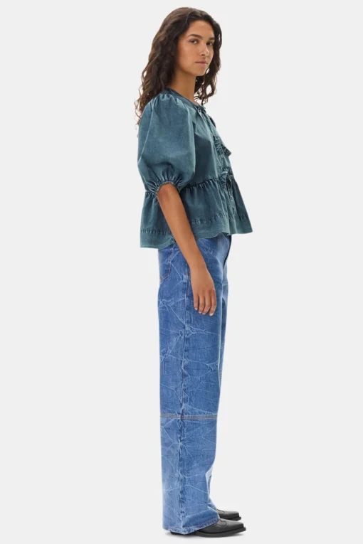 GANNI Ganni Exclusives | Topper<Blue Cotton Poplin Peplum Tie-bluse SkyCaptain