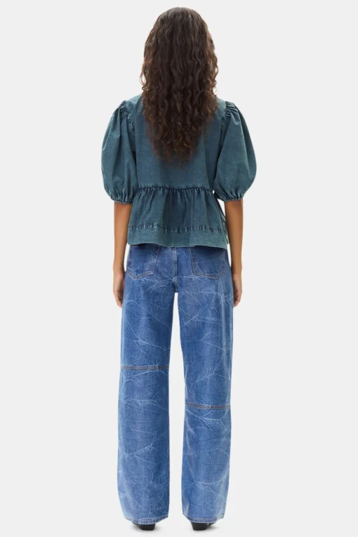 GANNI Ganni Exclusives | Topper<Blue Cotton Poplin Peplum Tie-bluse SkyCaptain