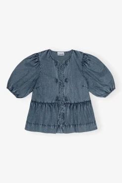 GANNI Ganni Exclusives | Topper<Blue Cotton Poplin Peplum Tie-bluse SkyCaptain