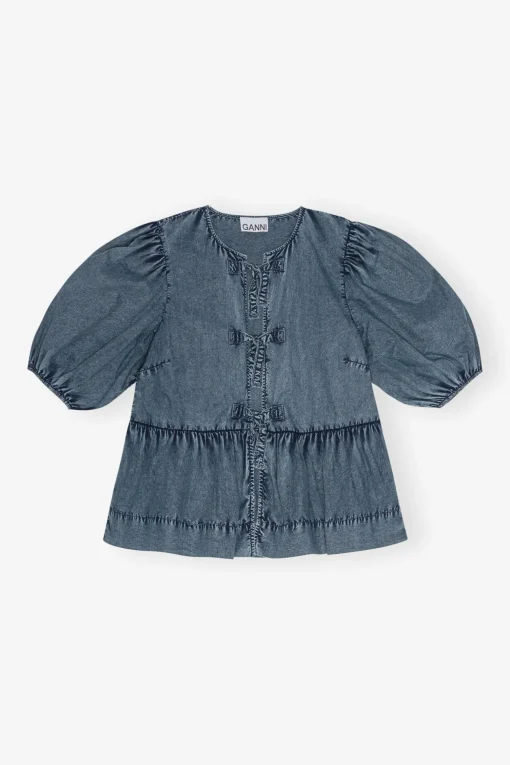 GANNI Ganni Exclusives | Topper<Blue Cotton Poplin Peplum Tie-bluse SkyCaptain