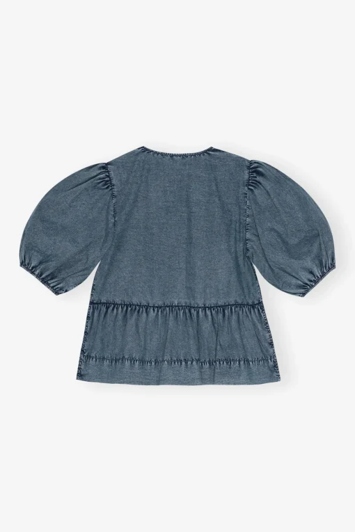 GANNI Ganni Exclusives | Topper<Blue Cotton Poplin Peplum Tie-bluse SkyCaptain