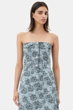 GANNI Festklær | Kjoler<Blue Floral Jacquard Long Corsage-kjole IllusionBlue