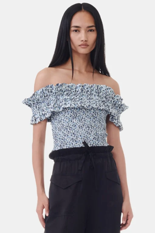 GANNI Sett | Topper<Blue Floral Printed Cotton Off-shoulder Smock-topp GlacierLake