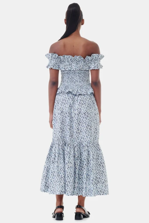 GANNI Sett | Skjørt<Blue Floral Printed Cotton Maxi Flounce-skjørt GlacierLake