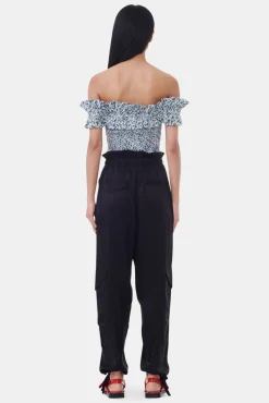 GANNI Sett | Topper<Blue Floral Printed Cotton Off-shoulder Smock-topp GlacierLake