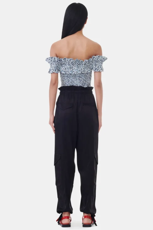 GANNI Sett | Topper<Blue Floral Printed Cotton Off-shoulder Smock-topp GlacierLake