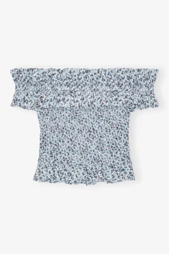 GANNI Sett | Topper<Blue Floral Printed Cotton Off-shoulder Smock-topp GlacierLake