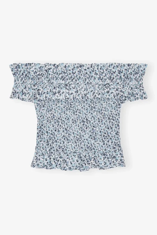 GANNI Sett | Topper<Blue Floral Printed Cotton Off-shoulder Smock-topp GlacierLake