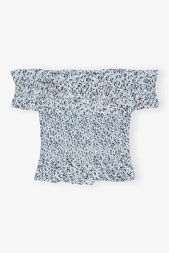 GANNI Sett | Topper<Blue Floral Printed Cotton Off-shoulder Smock-topp GlacierLake