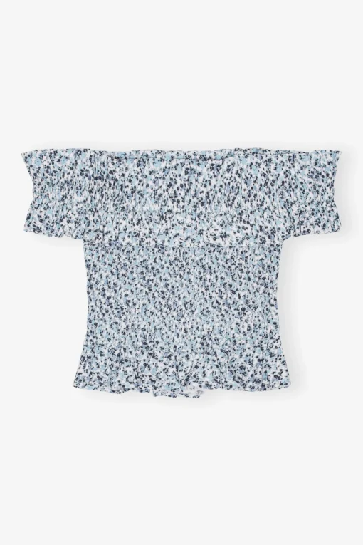 GANNI Sett | Topper<Blue Floral Printed Cotton Off-shoulder Smock-topp GlacierLake