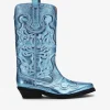 GANNI Sko | Western- & Cowboy Boots<Blue Metallic Mid Shaft Embroidered Western Støvler BlueCuracao