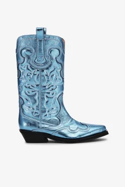 GANNI Sko | Western- & Cowboy Boots<Blue Metallic Mid Shaft Embroidered Western Støvler BlueCuracao