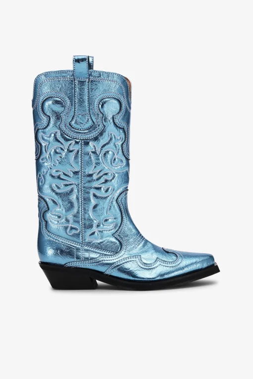 GANNI Sko | Western- & Cowboy Boots<Blue Metallic Mid Shaft Embroidered Western Støvler BlueCuracao