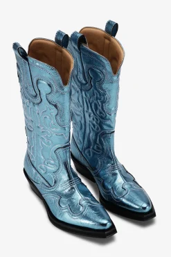GANNI Sko | Western- & Cowboy Boots<Blue Metallic Mid Shaft Embroidered Western Støvler BlueCuracao