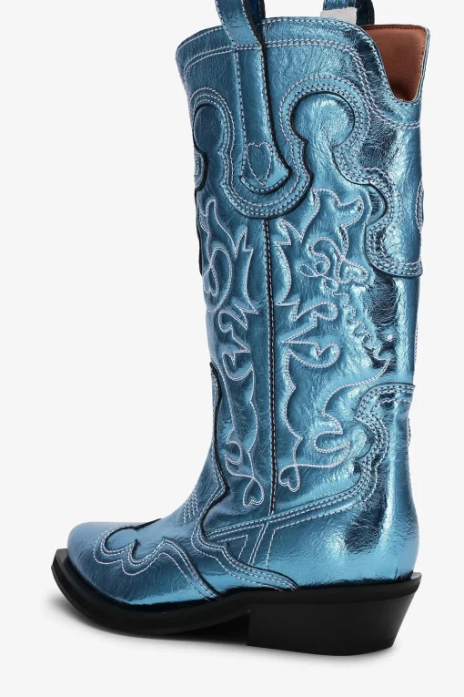 GANNI Sko | Western- & Cowboy Boots<Blue Metallic Mid Shaft Embroidered Western Støvler BlueCuracao