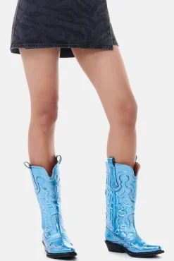 GANNI Sko | Western- & Cowboy Boots<Blue Metallic Mid Shaft Embroidered Western Støvler BlueCuracao