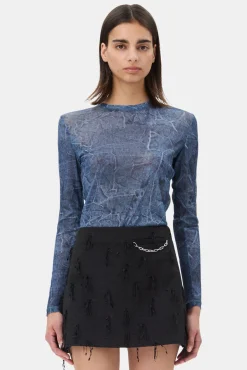 GANNI Festklær | Topper<Blue Printed Mesh Long Sleeve-bluse Denim