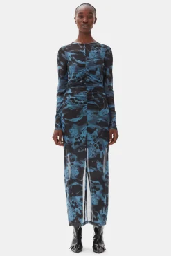 GANNI Plus Size Klær | Kjoler<Blue Printed Mesh O-neck Ruched Long-kjole BlueShadow