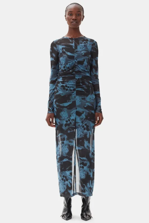 GANNI Plus Size Klær | Kjoler<Blue Printed Mesh O-neck Ruched Long-kjole BlueShadow