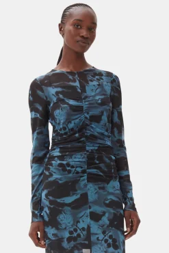 GANNI Plus Size Klær | Kjoler<Blue Printed Mesh O-neck Ruched Long-kjole BlueShadow