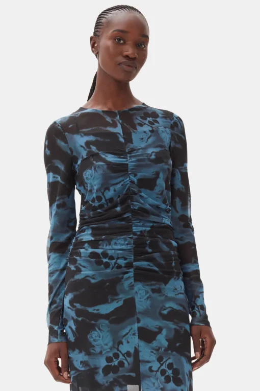 GANNI Plus Size Klær | Kjoler<Blue Printed Mesh O-neck Ruched Long-kjole BlueShadow