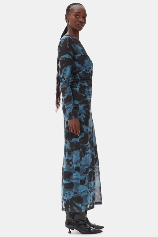 GANNI Plus Size Klær | Kjoler<Blue Printed Mesh O-neck Ruched Long-kjole BlueShadow