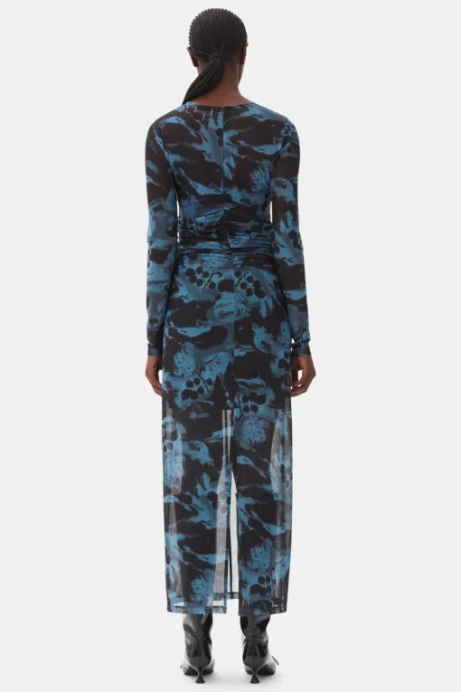 GANNI Plus Size Klær | Kjoler<Blue Printed Mesh O-neck Ruched Long-kjole BlueShadow