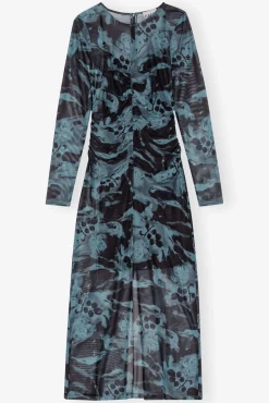 GANNI Plus Size Klær | Kjoler<Blue Printed Mesh O-neck Ruched Long-kjole BlueShadow