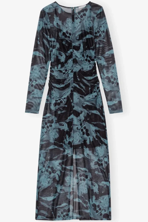 GANNI Plus Size Klær | Kjoler<Blue Printed Mesh O-neck Ruched Long-kjole BlueShadow