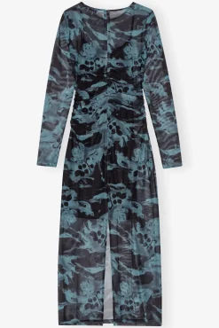 GANNI Plus Size Klær | Kjoler<Blue Printed Mesh O-neck Ruched Long-kjole BlueShadow