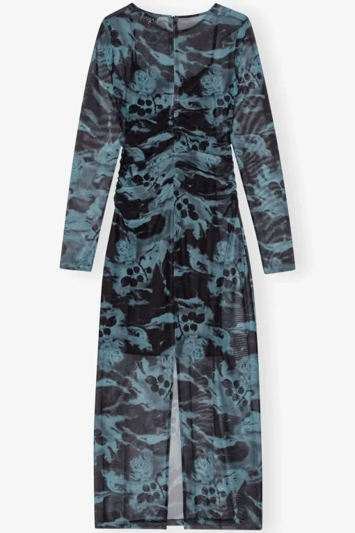 GANNI Plus Size Klær | Kjoler<Blue Printed Mesh O-neck Ruched Long-kjole BlueShadow
