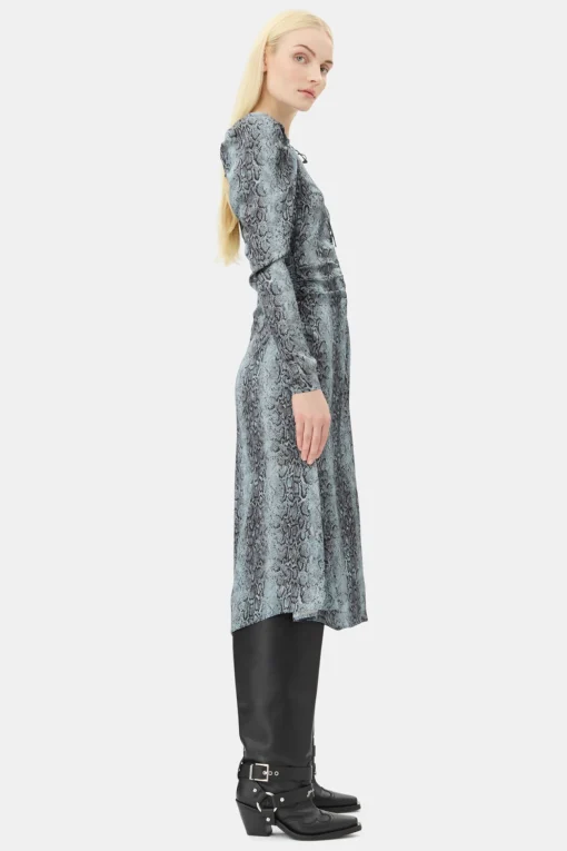 GANNI Ganni Exclusives | Kjoler<Blue Snake Print Ruched Midi-kjole CelestialBlue