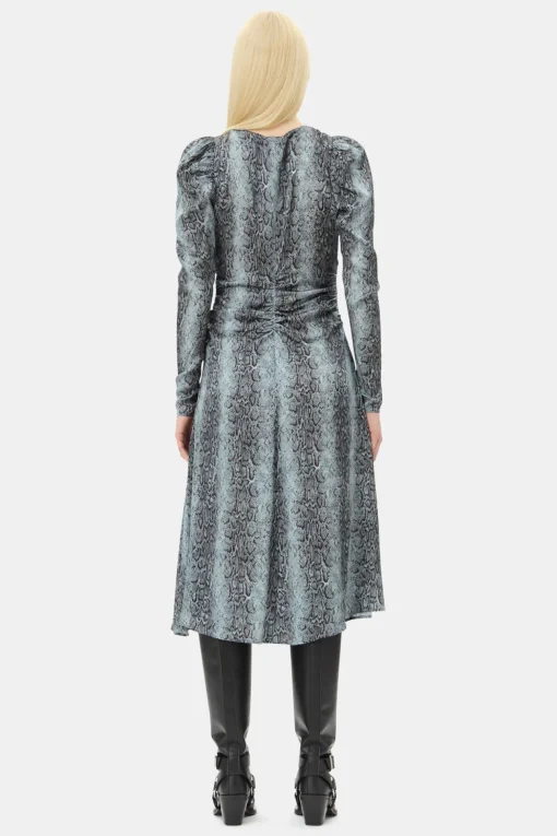 GANNI Ganni Exclusives | Kjoler<Blue Snake Print Ruched Midi-kjole CelestialBlue