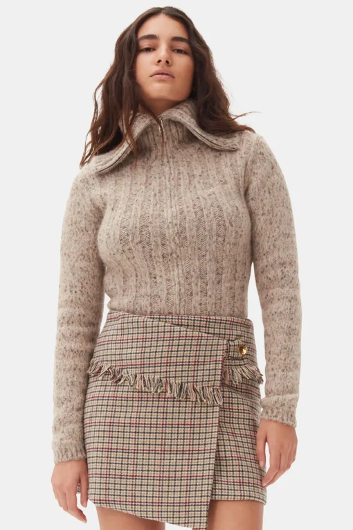 GANNI Ganni Exclusives | Strikkeplagg<Brown Highneck Zip-cardigan Safari