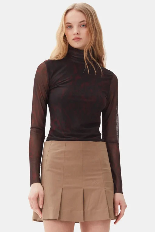 GANNI Plus Size Klær | Ganni Exclusives<Brown Printed Mesh Long Sleeve-genser BitterChocolate