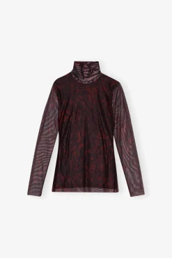 GANNI Plus Size Klær | Ganni Exclusives<Brown Printed Mesh Long Sleeve-genser BitterChocolate