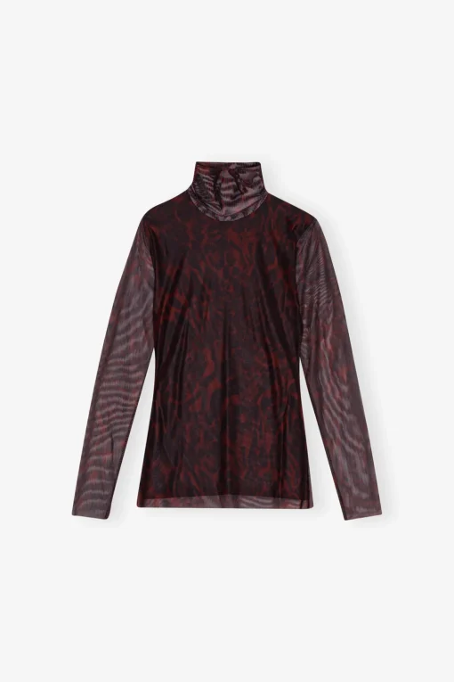 GANNI Plus Size Klær | Ganni Exclusives<Brown Printed Mesh Long Sleeve-genser BitterChocolate