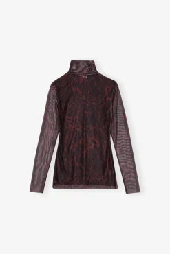GANNI Plus Size Klær | Ganni Exclusives<Brown Printed Mesh Long Sleeve-genser BitterChocolate