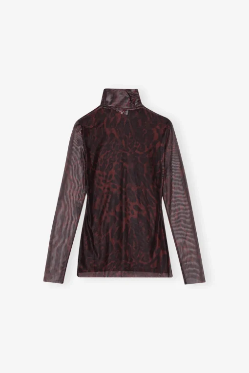 GANNI Plus Size Klær | Ganni Exclusives<Brown Printed Mesh Long Sleeve-genser BitterChocolate