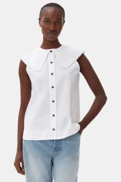 GANNI Ganni Icons | Topper<Cotton Poplin Sleeveless Frill Collar Shirt BrightWhite